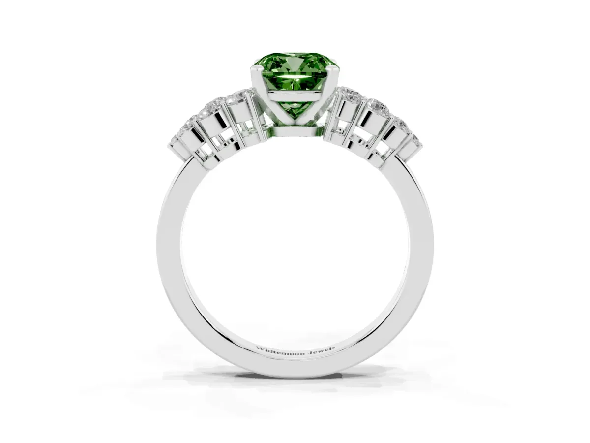 Fancy Green Cushion Cut Cluster Diamond Engagement Ring with Pavé Band and Four-Prong Setting Platinum