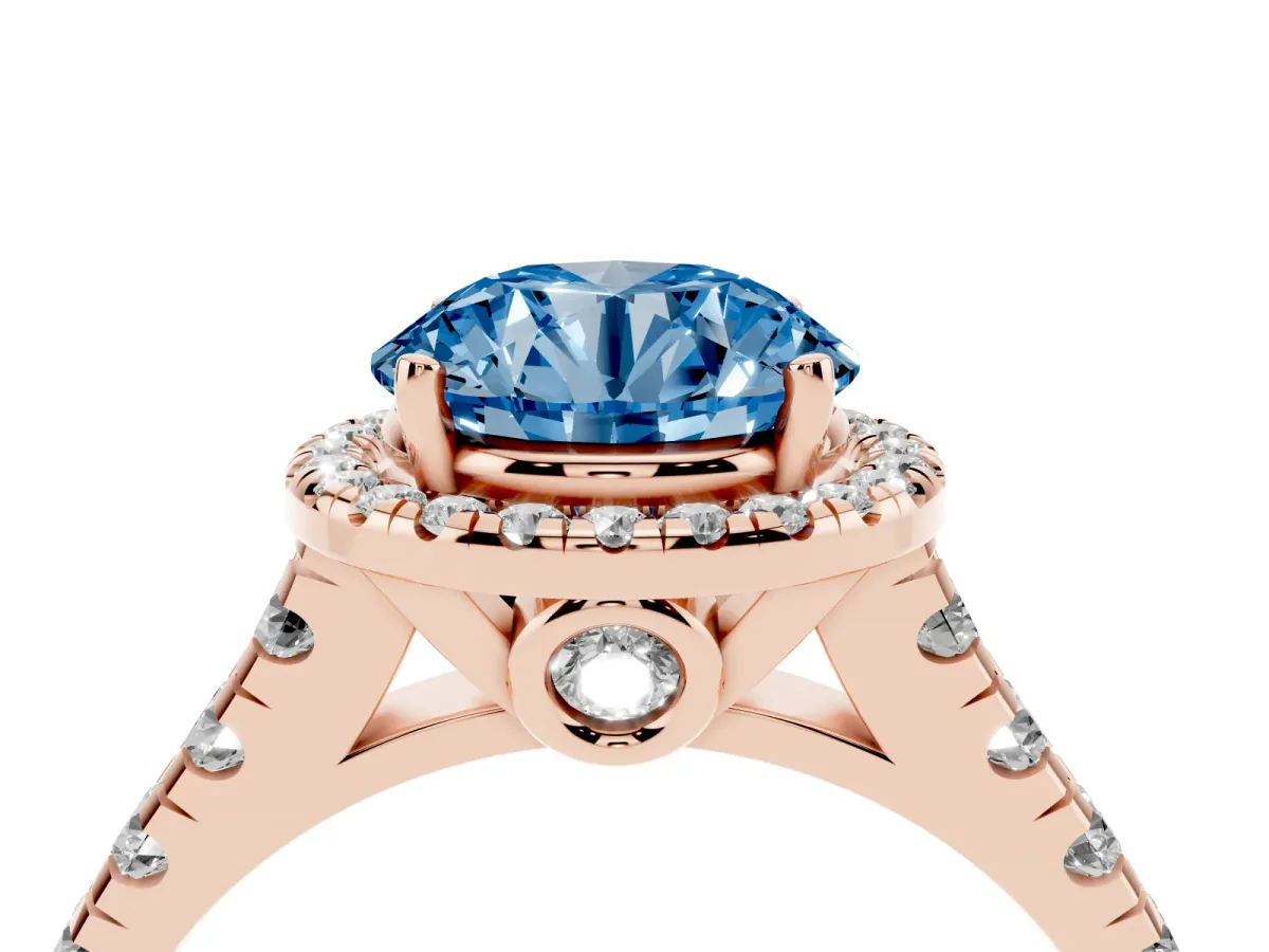 Fancy Blue Round Cut Halo Pavé Diamond Engagement Ring with Four-Prong Setting Rose gold