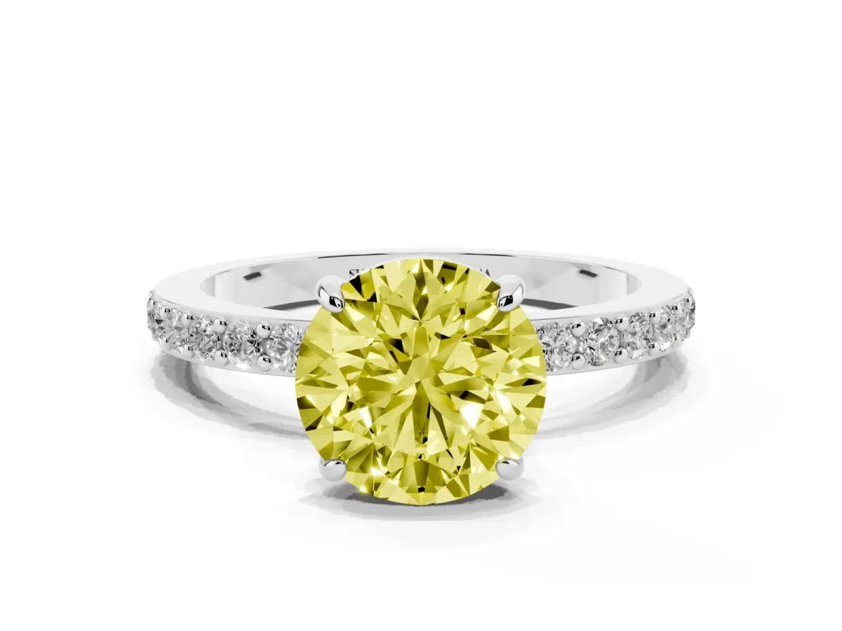 Fancy Yellow Round Cut Diamond Pavé Engagement Ring with Round Accents and Prong Setting Silver