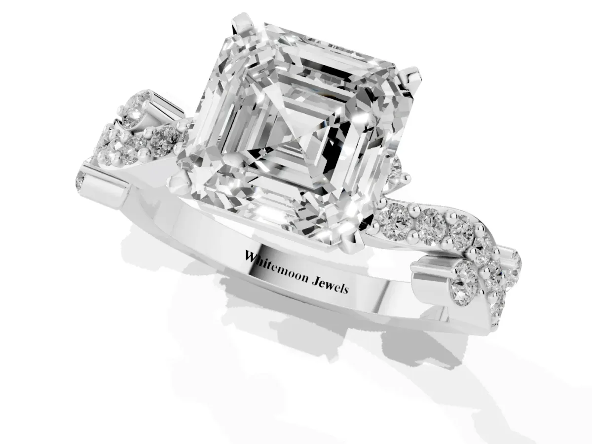 Asscher Cut Cut Solitaire Diamond Twisted Band with Pave Setting Silver