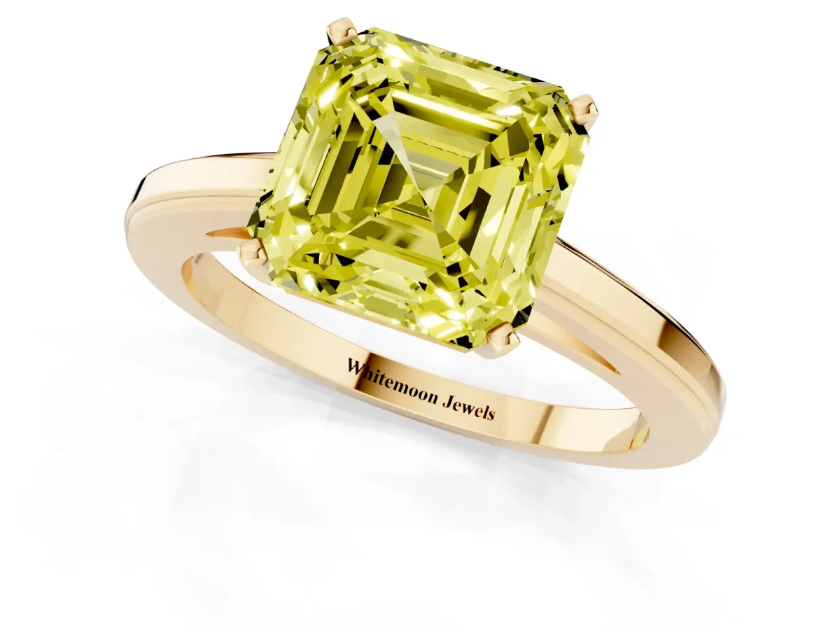 Fancy Yellow Asscher Cut Solitaire Diamond Ring with Four-Prong Setting and Classic Band Yellow gold