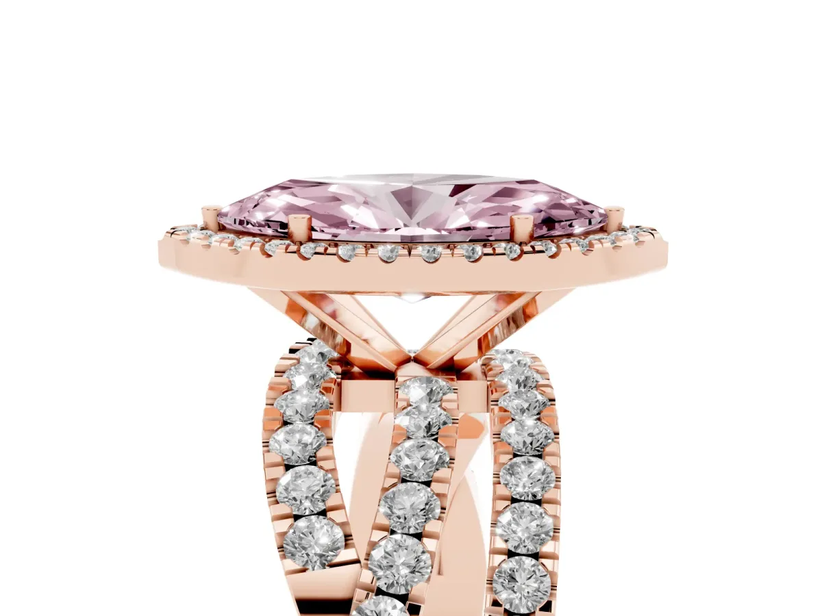 Fancy Pink Marquise Cut Diamond Halo Ring with Round Split Shank and Prong Setting Rose gold