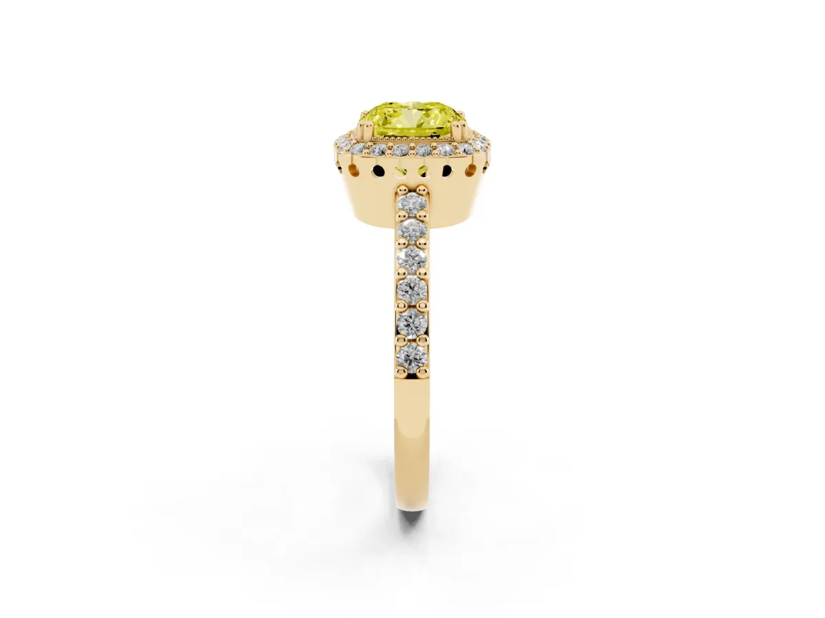 Fancy Yellow Cushion Cut Cut Diamond Halo Engagement Ring with Milgrain Detail and Pavé Band Yellow gold