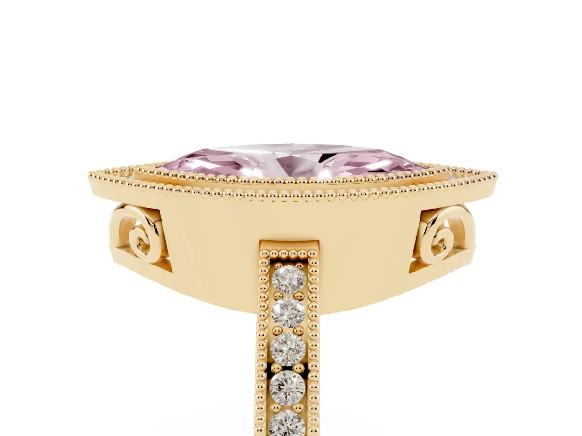 Fancy Pink Marquise Cut Cut Halo Diamond Ring with Pavé Band and Milgrain Prong Setting Yellow gold