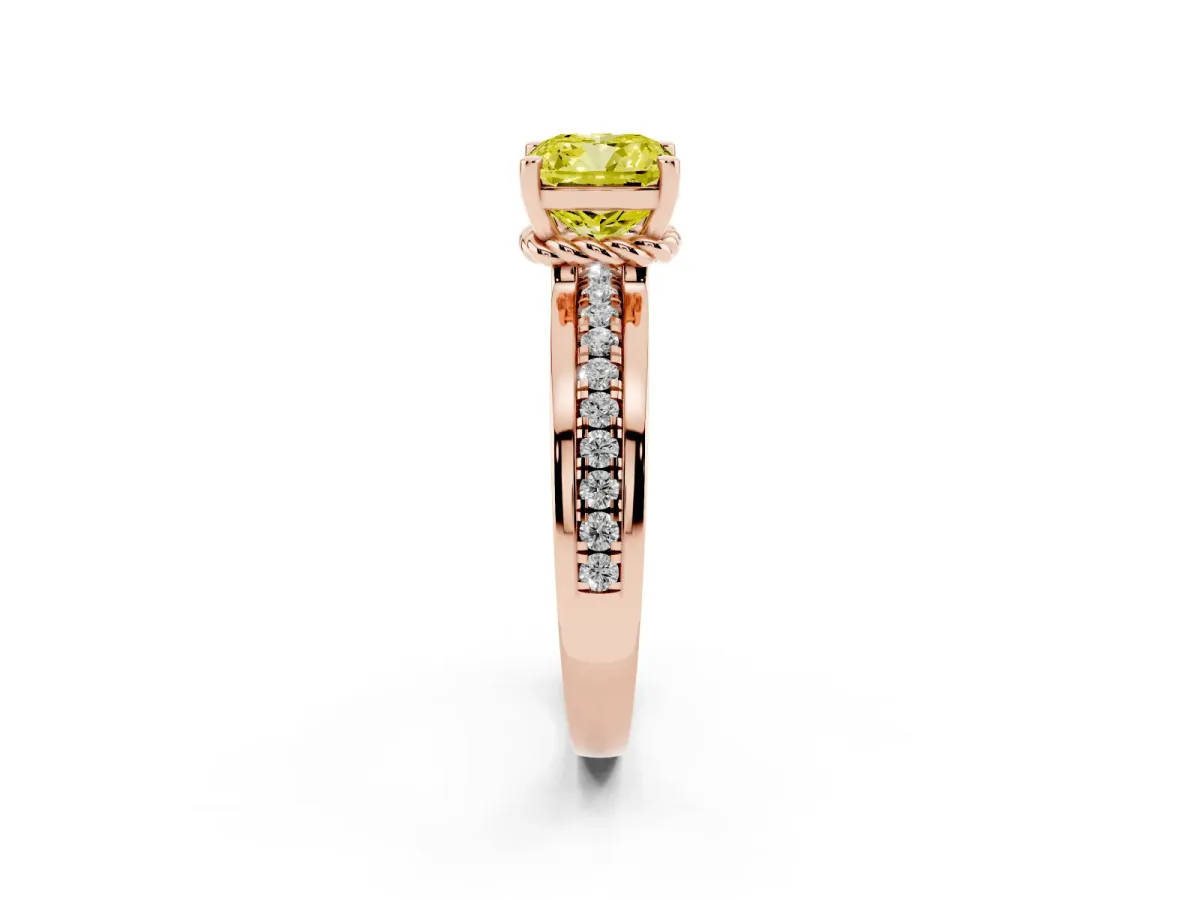 Fancy Yellow Cushion Cut Solitaire Diamond Ring with Channel Set Band and Six-Prong Setting Rose gold