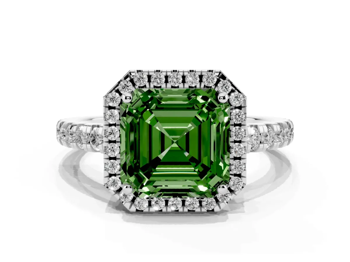 Fancy Green Asscher Cut Diamond Halo Ring with Pavé Band and Four-Prong Setting Platinum