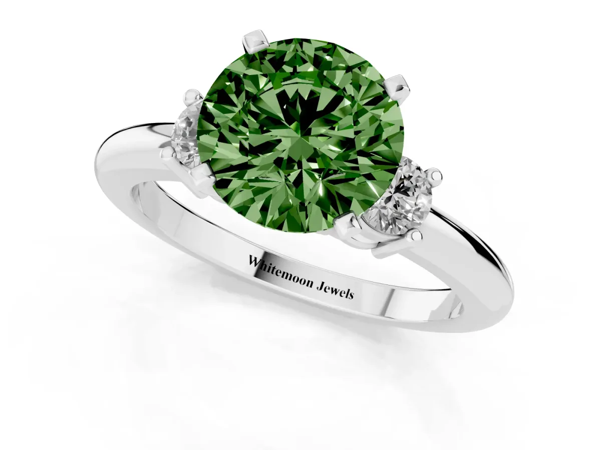 Fancy Green Three-Stone Round Cut Cut Diamond Solitaire with Prong Setting and Classic Band Silver