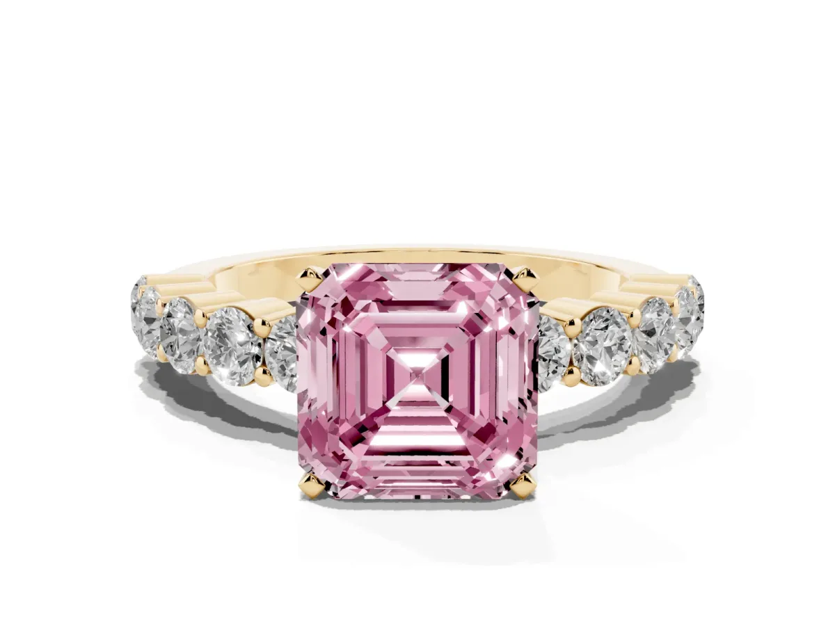 Fancy Pink Asscher Cut Diamond Solitaire Ring with Shared Prong Round Side Stones Yellow gold