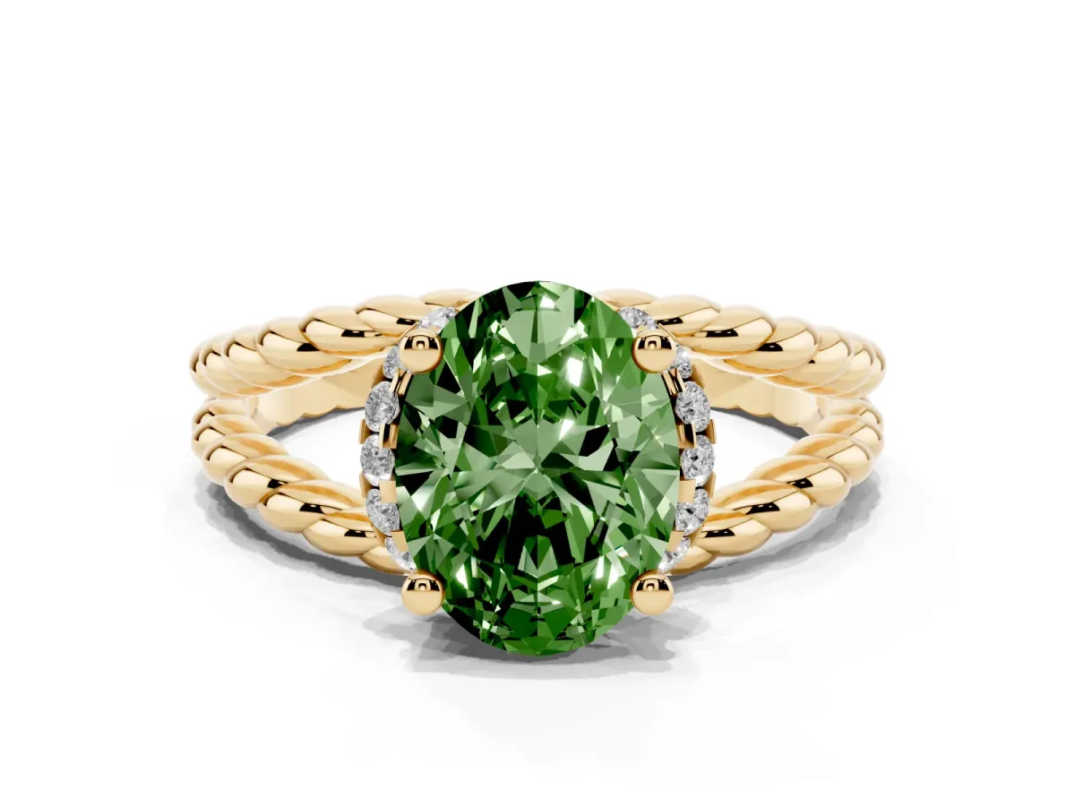 Fancy Green Oval Cut Halo Twisted Band Four-Prong Ring Yellow gold
