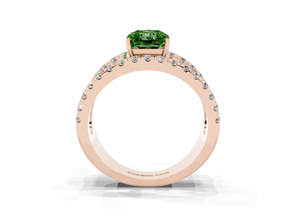 Fancy Green Radiant Cut Solitaire Split Shank Pave Diamond Ring Rose gold