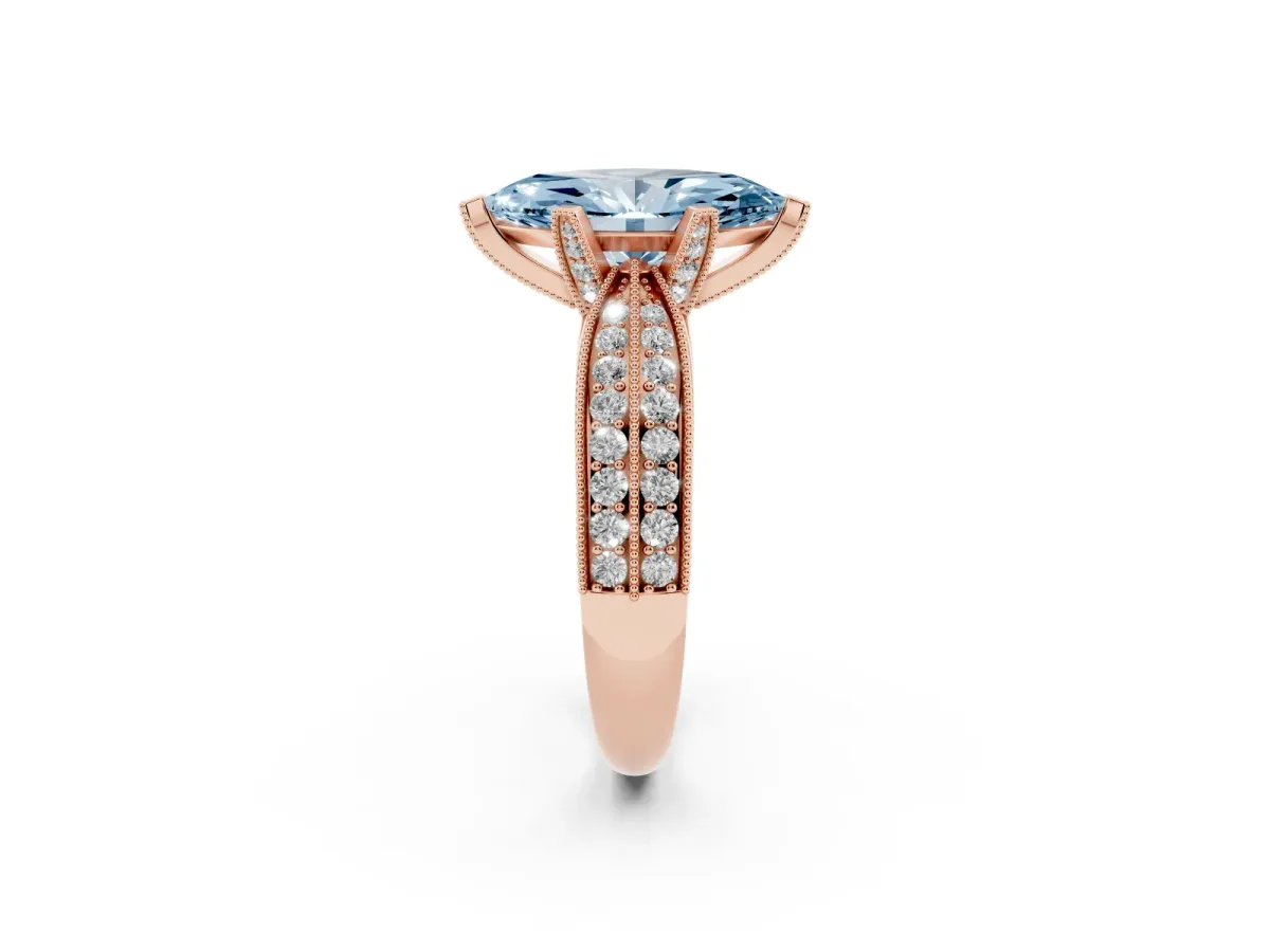 Fancy Blue Marquise Cut Diamond Solitaire Ring with Milgrain Round Pavé Band and Prong Setting Rose gold