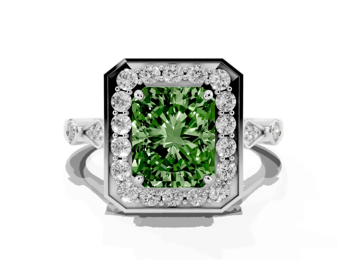 Fancy Green Radiant Cut Halo Diamond Engagement Ring with Twisted Band and Four-Prong Setting Silver