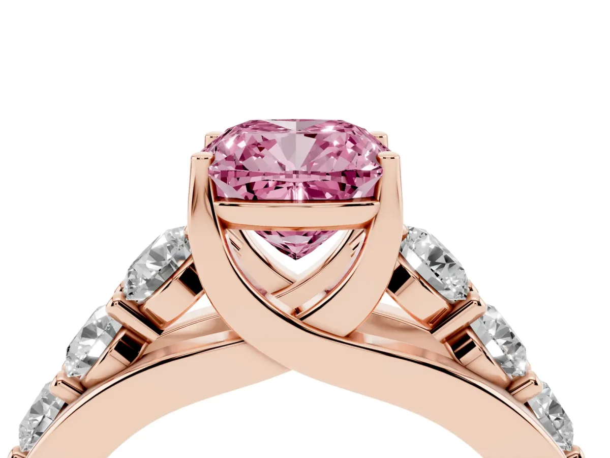Fancy Pink Cushion Cut Diamond Engagement Ring with Pavé Band and Four-Prong Setting Rose gold