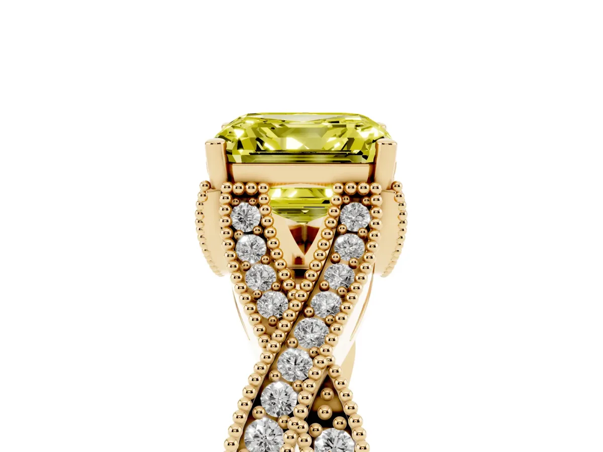 Fancy Yellow Asscher Cut Cut Diamond Twisted Band with Milgrain Pave Setting and Four-Prong Setting Yellow gold