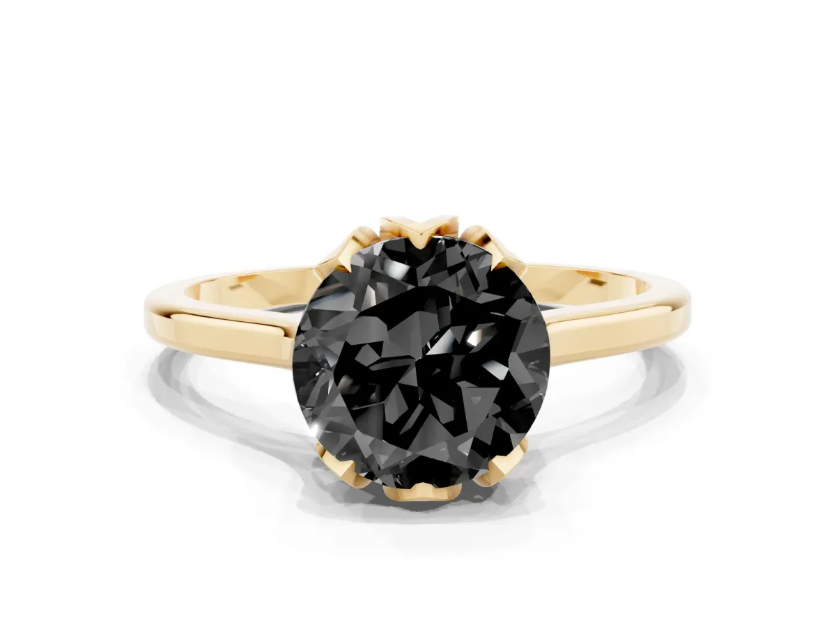 Fancy Black Round Cut Diamond Solitaire Ring with Flower Prong Setting and Classic Band Yellow gold
