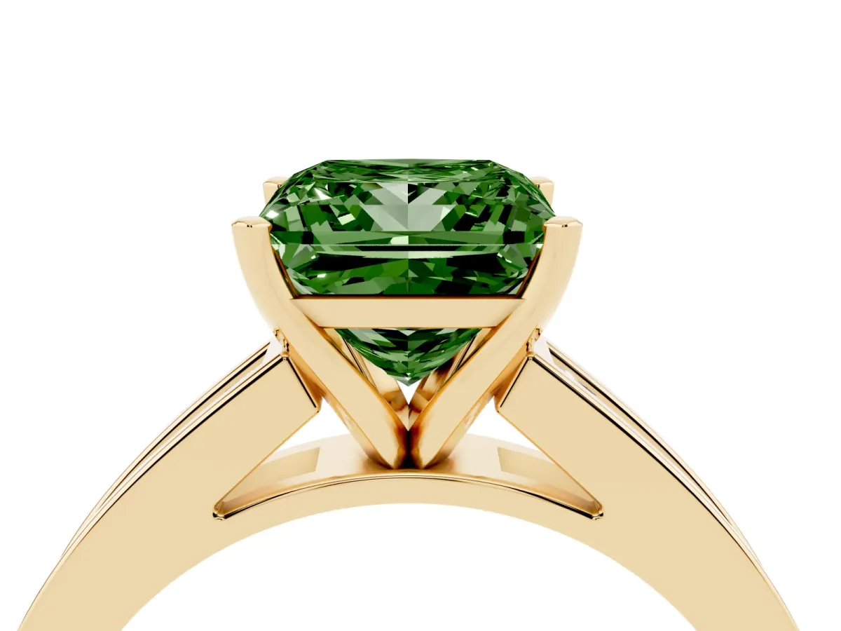 Fancy Green Princess Cut Solitaire Diamond Ring with Channel-Set Band and Four-Prong Setting Yellow gold