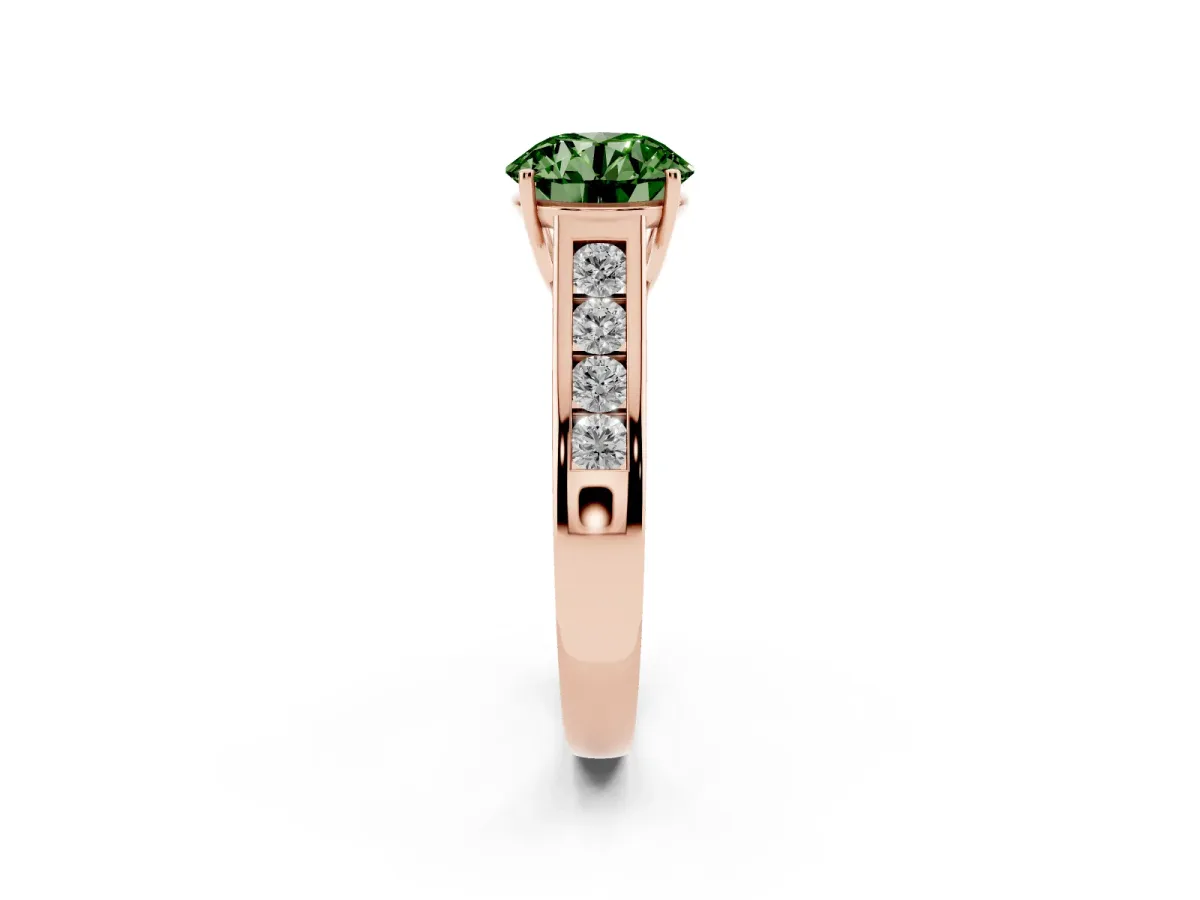 Fancy Green Round Cut Solitaire Channel-Set Diamond Engagement Ring with Four-Prong Setting Rose gold