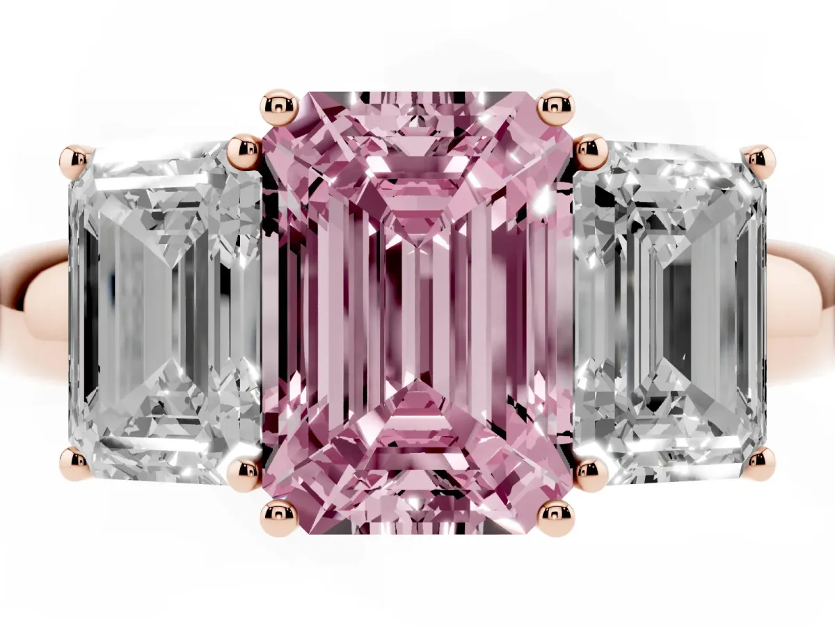 Fancy Pink Emerald Cut Diamond Three-Stone Ring with Four-Prong Setting and Classic Band Rose gold