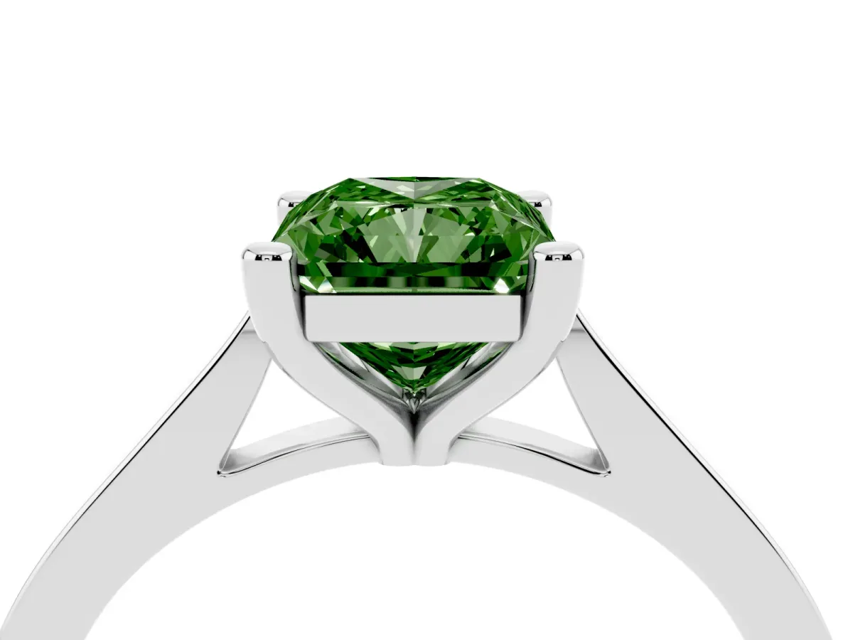 Fancy Green Radiant Cut Solitaire Diamond Ring with Four-Prong Setting and Tapered Band Silver