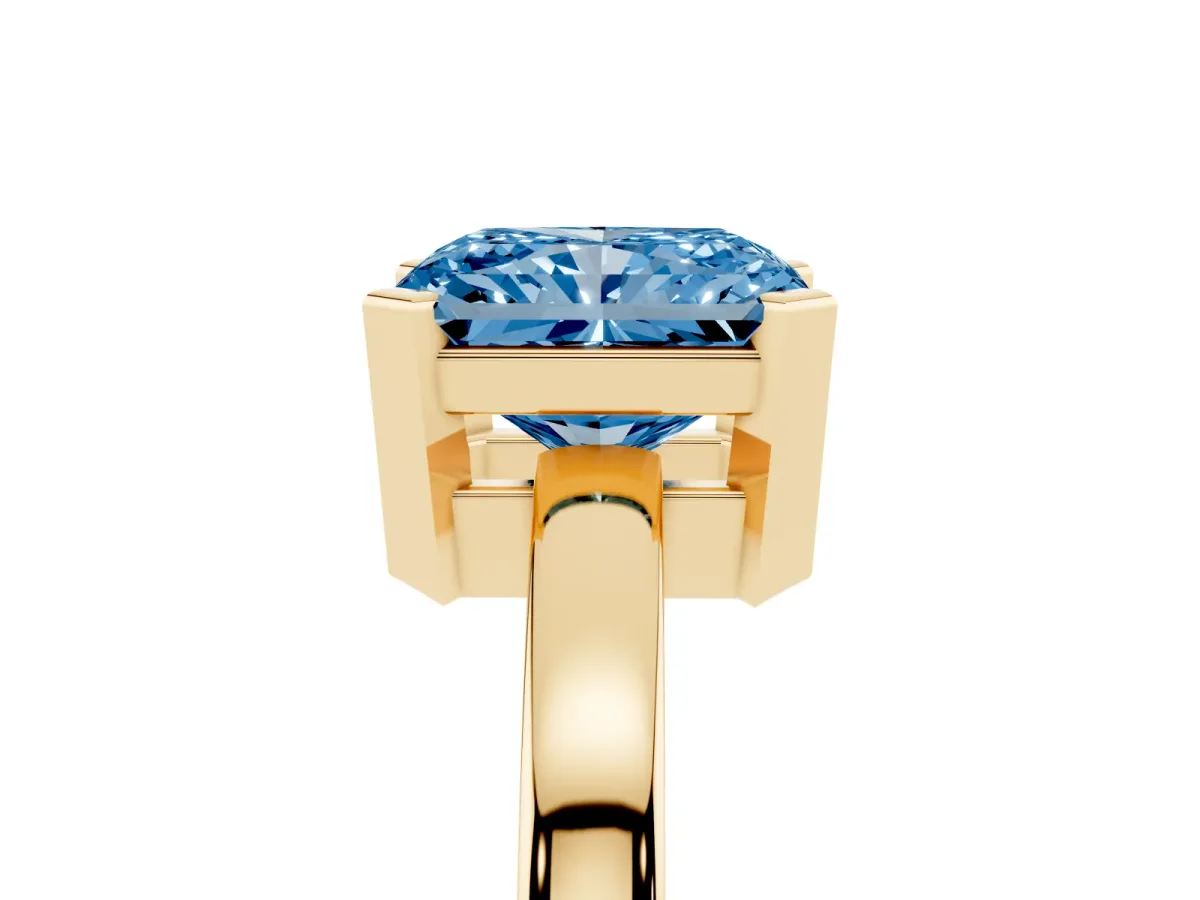 Fancy Blue Radiant Cut Cut Solitaire Ring with Four-Prong Setting and Classic Band Yellow gold