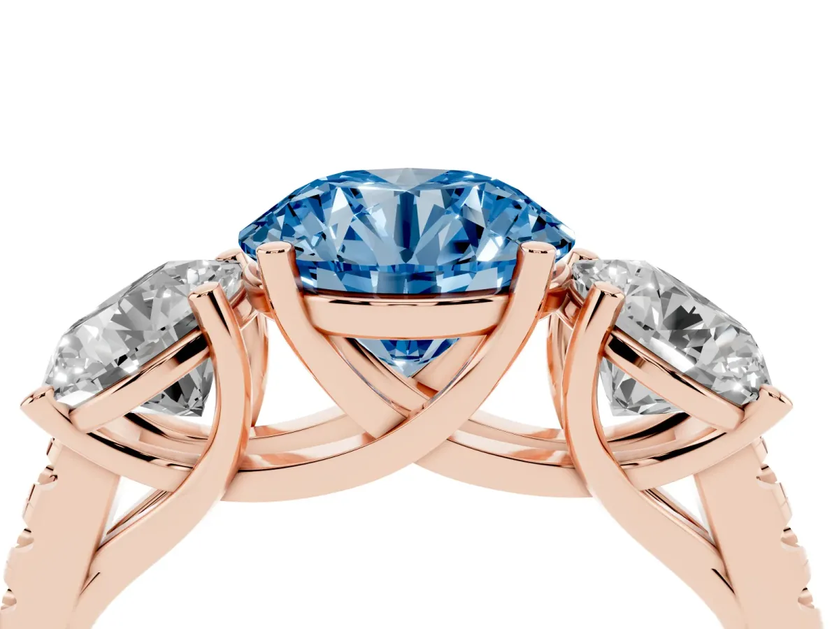 Fancy Blue Three-Stone Round Cut Diamond Ring with Round Pavé Band and Prong Setting Rose gold