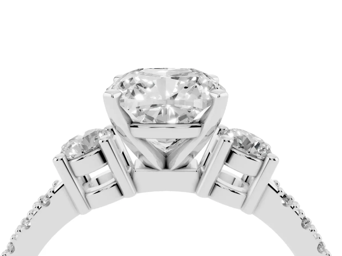 Cushion Cut Three-Stone Diamond Pavé Band with Prong Setting White gold
