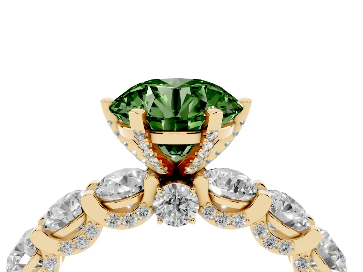 Fancy Green Round Cut Diamond Side Stone Engagement Ring with Four-Prong Setting Yellow gold