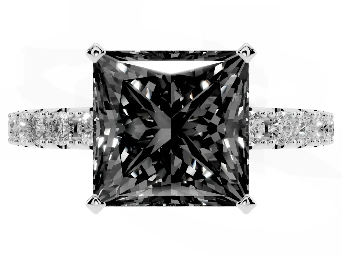 Fancy Black Princess Cut Diamond Solitaire Pavé Band with Four-Prong Setting Silver