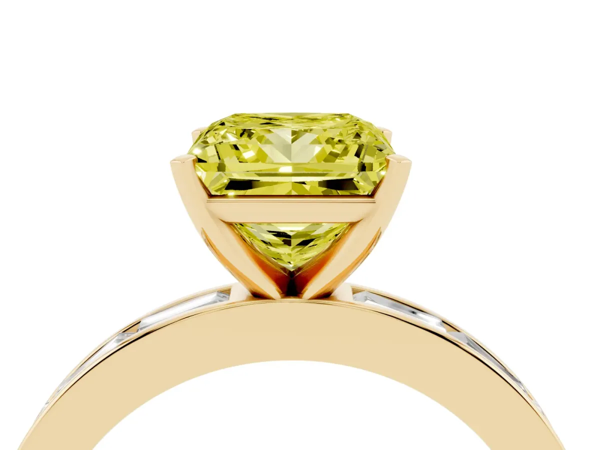 Fancy Yellow Princess Cut Solitaire Diamond Ring with Channel-Set Baguette Band and Four-Prong Setting Yellow gold