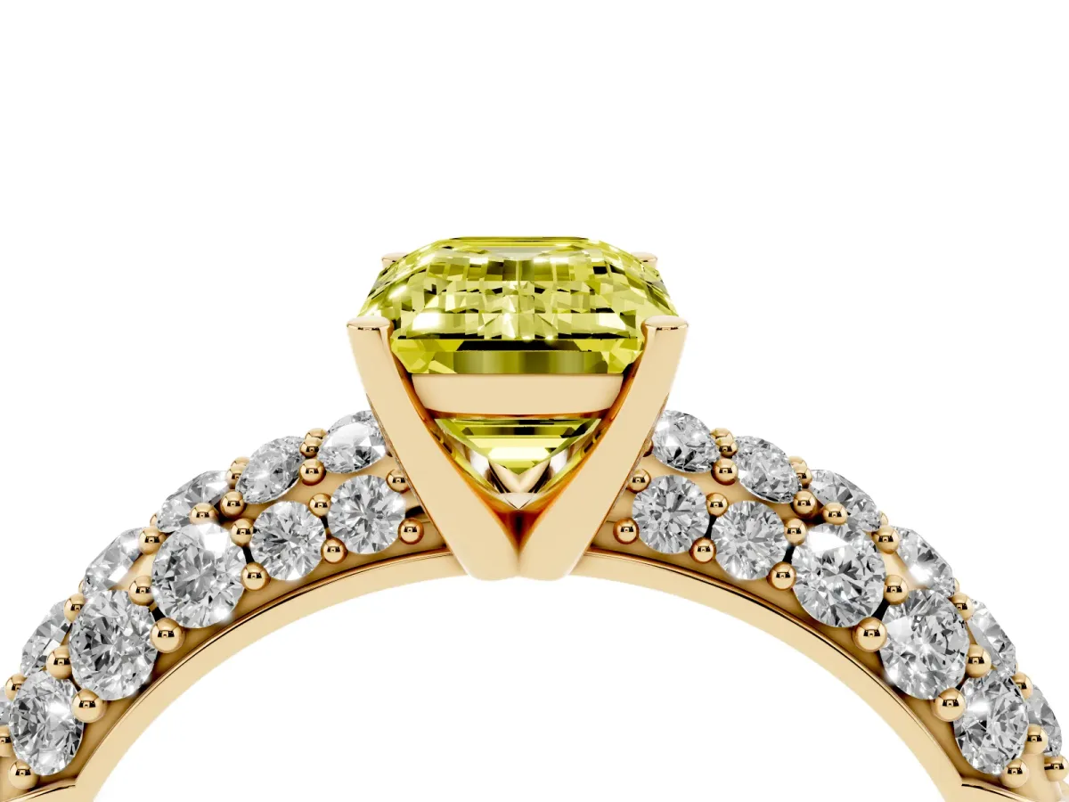 Fancy Yellow Emerald Cut Diamond Pavé Band Solitaire Ring with Four-Prong Setting Yellow gold