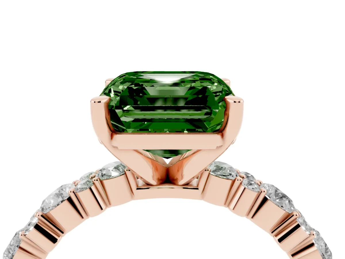 Fancy Green Asscher Cut Diamond Side Stone Solitaire Ring with Round and Four-Prong Setting Rose gold