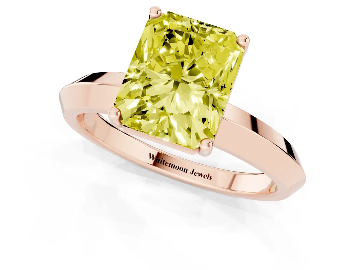 Fancy Yellow Radiant Cut Cut Solitaire Engagement Ring with Flat Band and Four-Prong Setting Rose gold