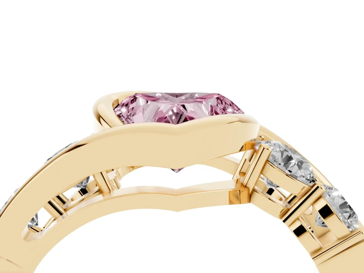 Fancy Pink Bezel Set Heart Cut Diamond Bypass Ring with Round Accents Yellow gold