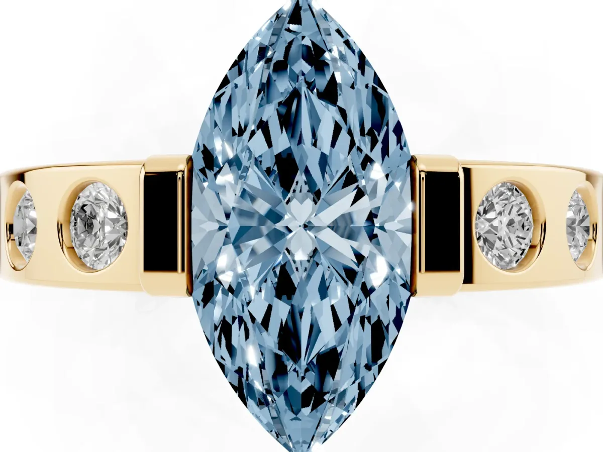 Fancy Blue Marquise Cut Brilliant Channel-Set Diamond Ring with Bezel Prong Setting Yellow gold