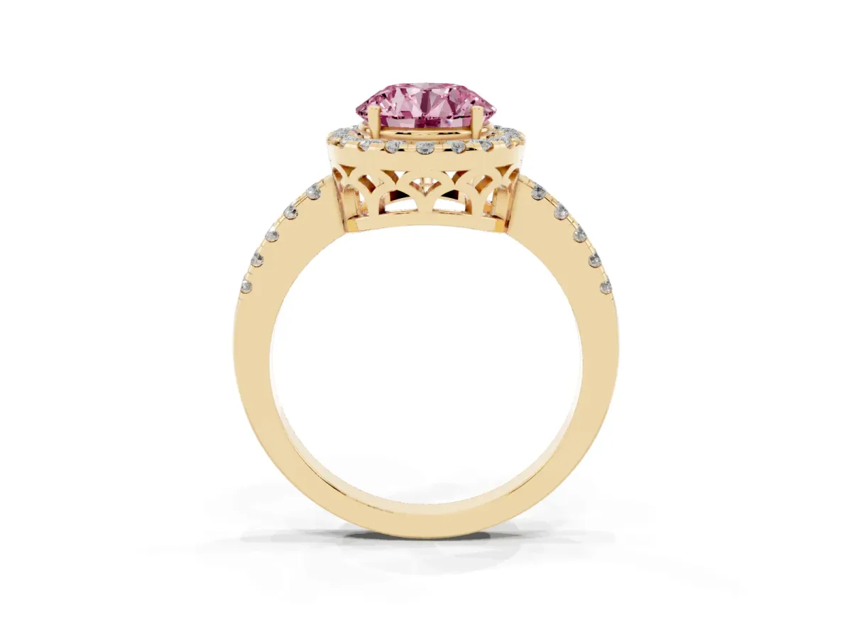 Fancy Pink Round Cut Halo Diamond Engagement Ring with Pavé Band and Four-Prong Setting Yellow gold