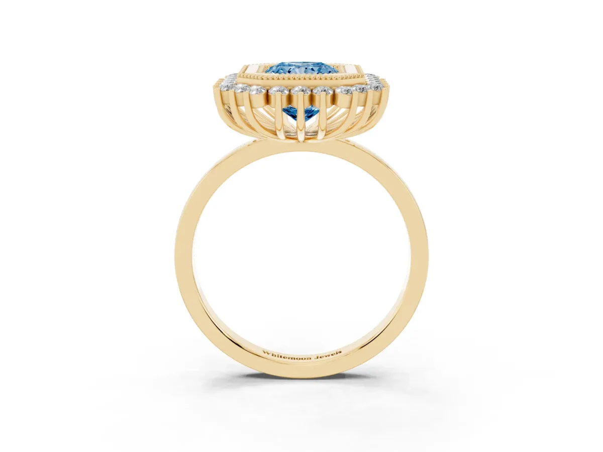 Fancy Blue Radiant Cut Halo Diamond Ring with Milgrain Edge and Round Prong Setting Yellow gold