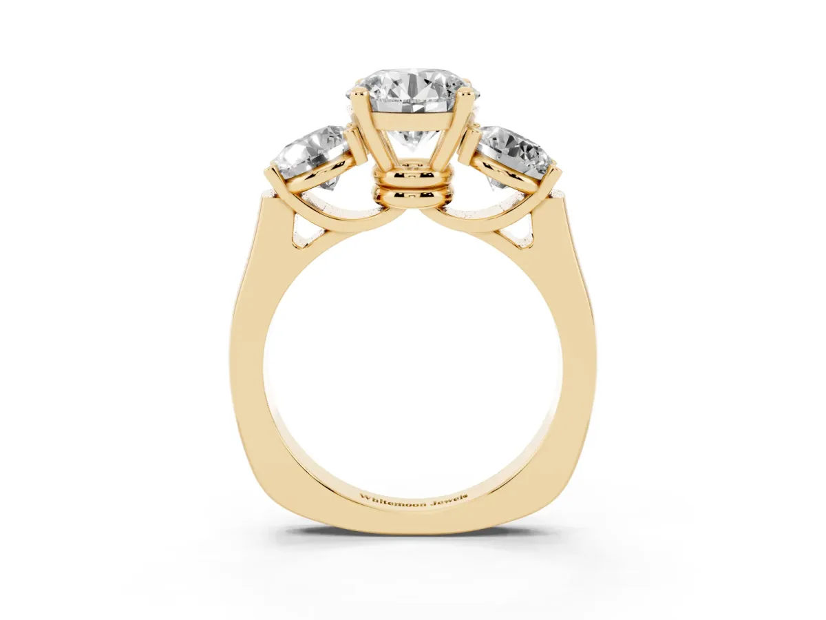 Three-Stone Round Cut Brilliant Diamond Trellis Ring with Comfort Fit Band Yellow gold