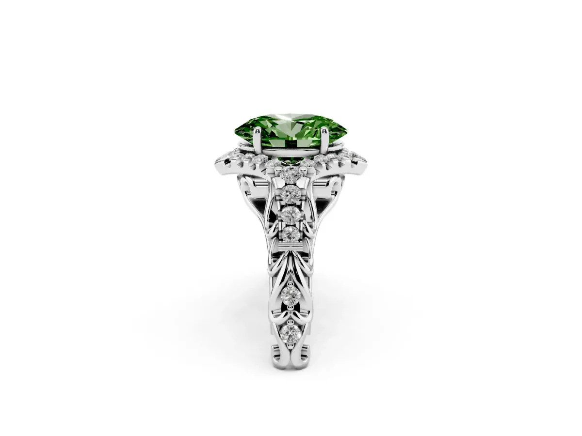 Fancy Green Oval Cut Diamond Solitaire Ring with Hidden Halo and Pavé Band Silver