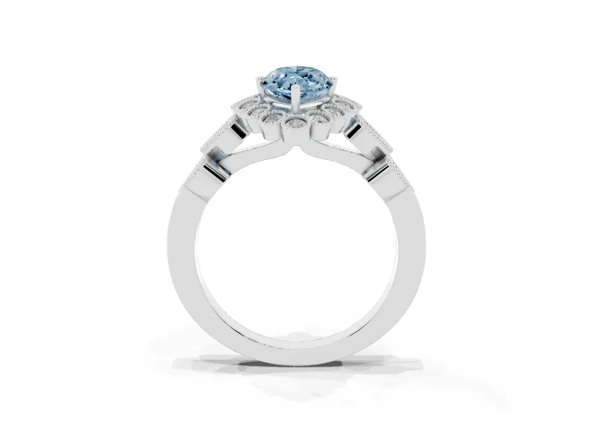 Fancy Blue Marquise Cut Brilliant Milgrain Pave Heart Band Solitaire Ring Silver