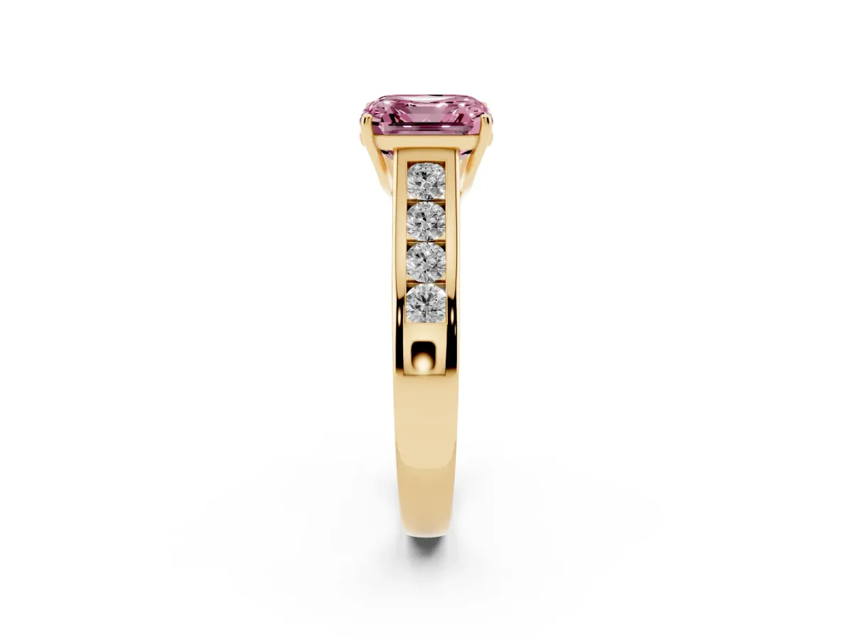 Fancy Pink Asscher Cut Brilliant Channel-Set Solitaire Ring with Four-Prong Setting Yellow gold