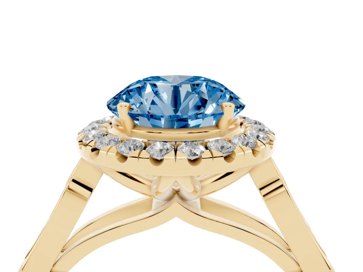 Fancy Blue Round Cut Halo Diamond Engagement Ring with Filigree Band and Four-Prong Setting Yellow gold