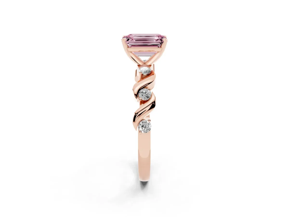 Fancy Pink Emerald Cut Diamond Solitaire Twisted Band with Round Accents and Prong Setting Rose gold