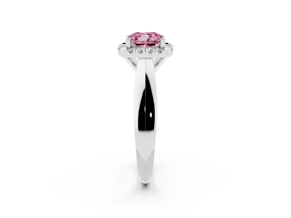 Fancy Pink Cushion Cut Cut Halo Solitaire Engagement Ring with Square Band and Four-Prong Setting White gold