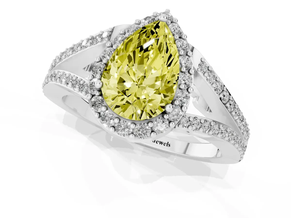 Fancy Yellow Pear Cut Halo Split Shank Diamond Ring with Prong Setting Silver