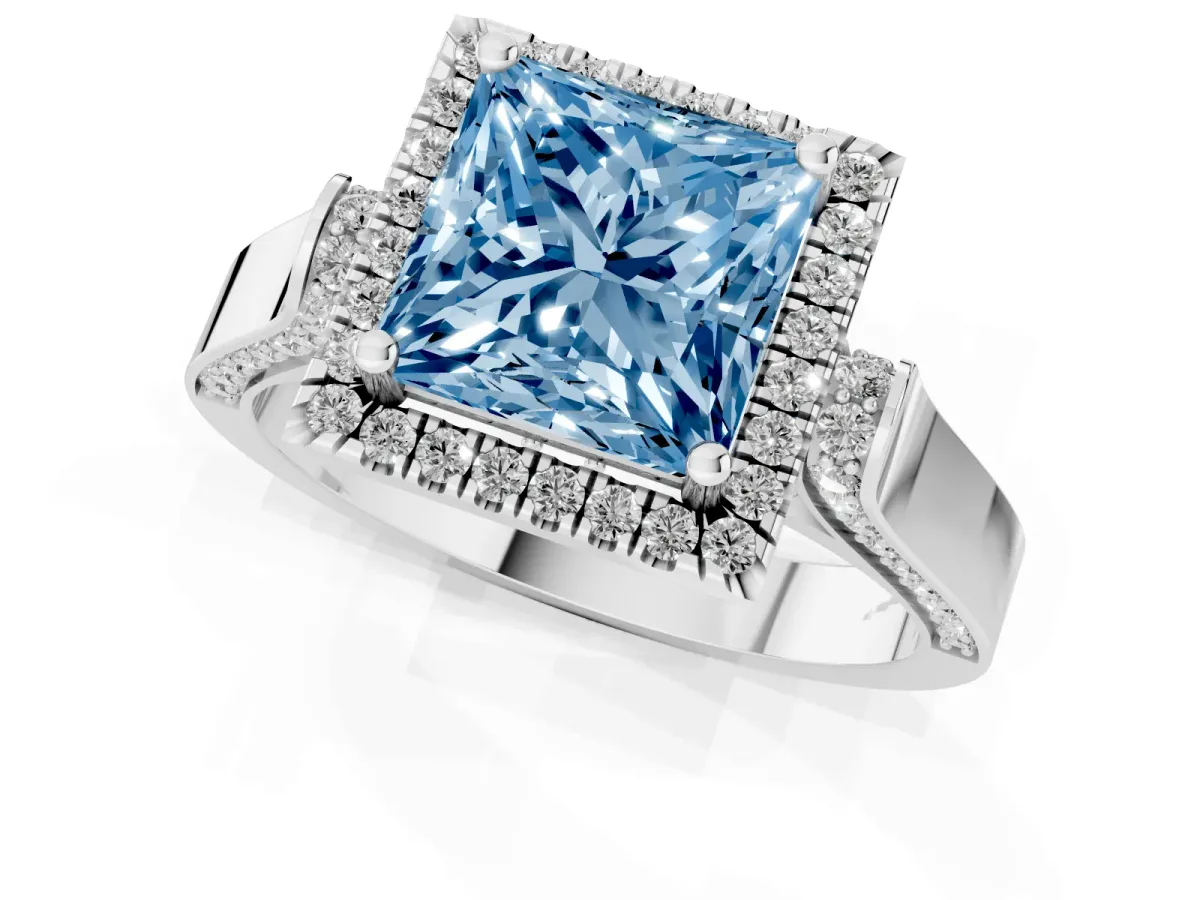 Fancy Blue Princess Cut Halo Round Diamond Twist Band with Four-Prong Setting White gold