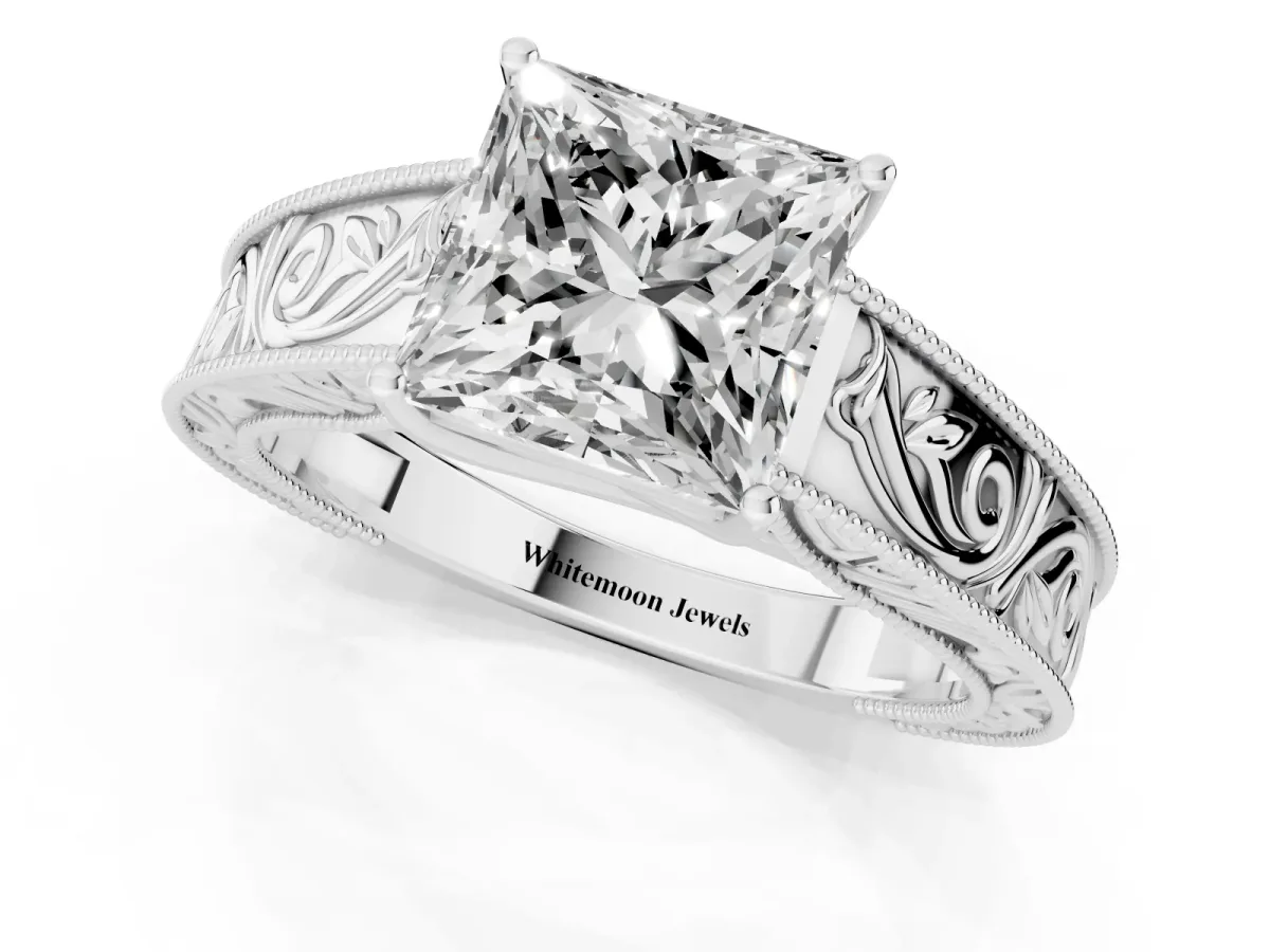 Princess Cut Diamond Solitaire Ring with Engraved Band and Four-Prong Setting White gold