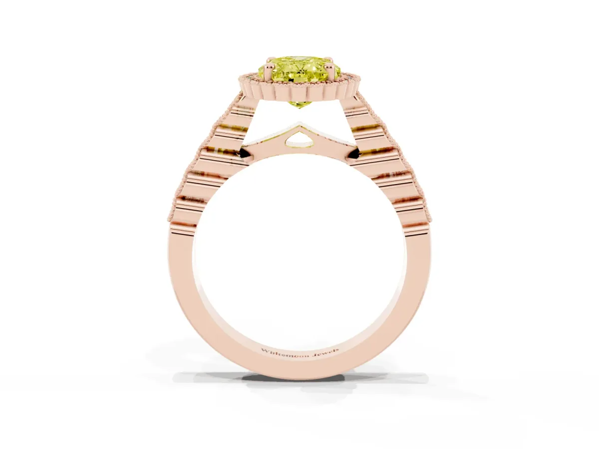 Fancy Yellow Oval Cut Cut Halo Pavé Solitaire Ring with Milgrain Band Rose gold