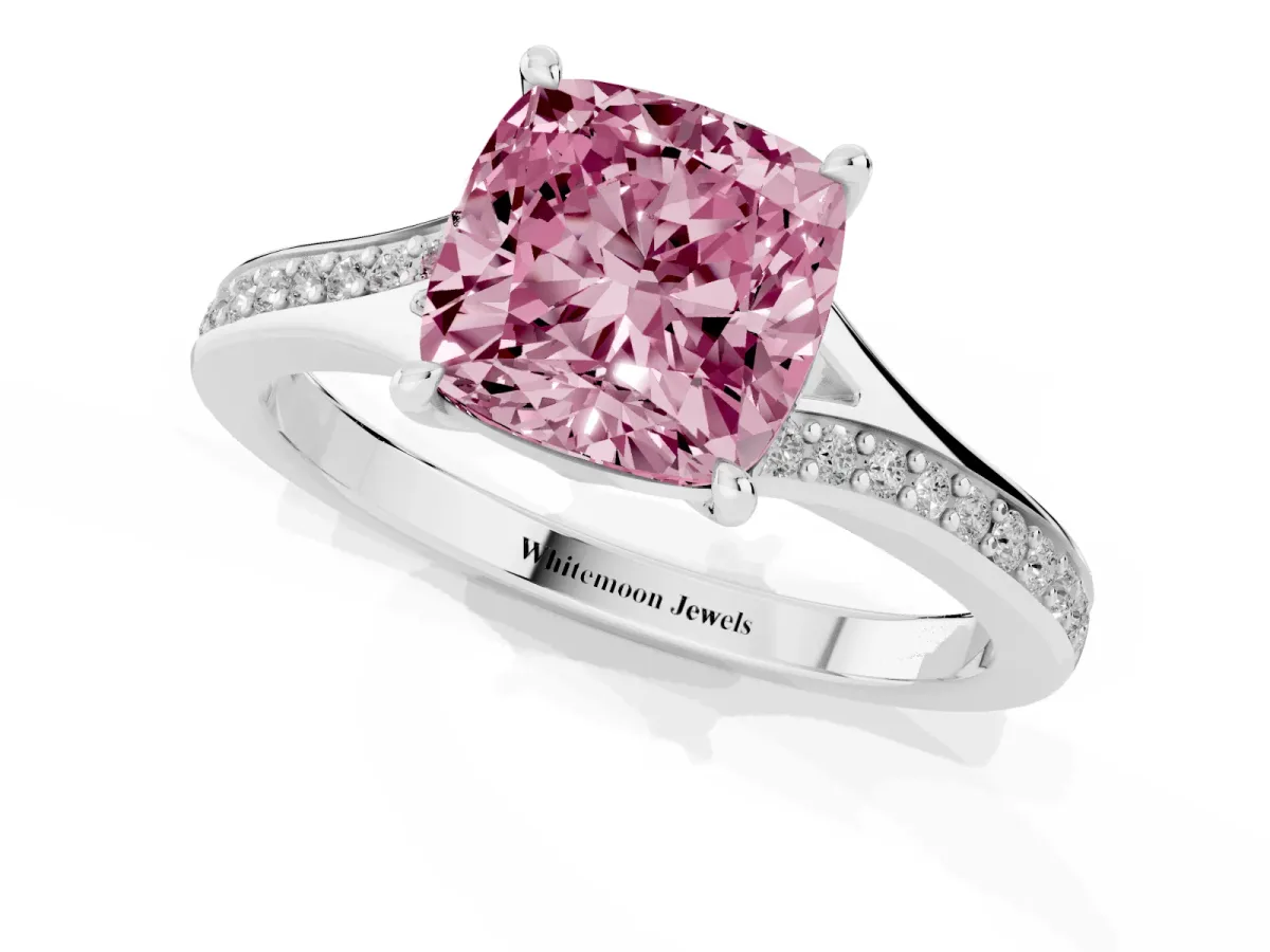 Fancy Pink Cushion Cut Diamond Solitaire Ring with Pavé Band and Prong Setting Silver