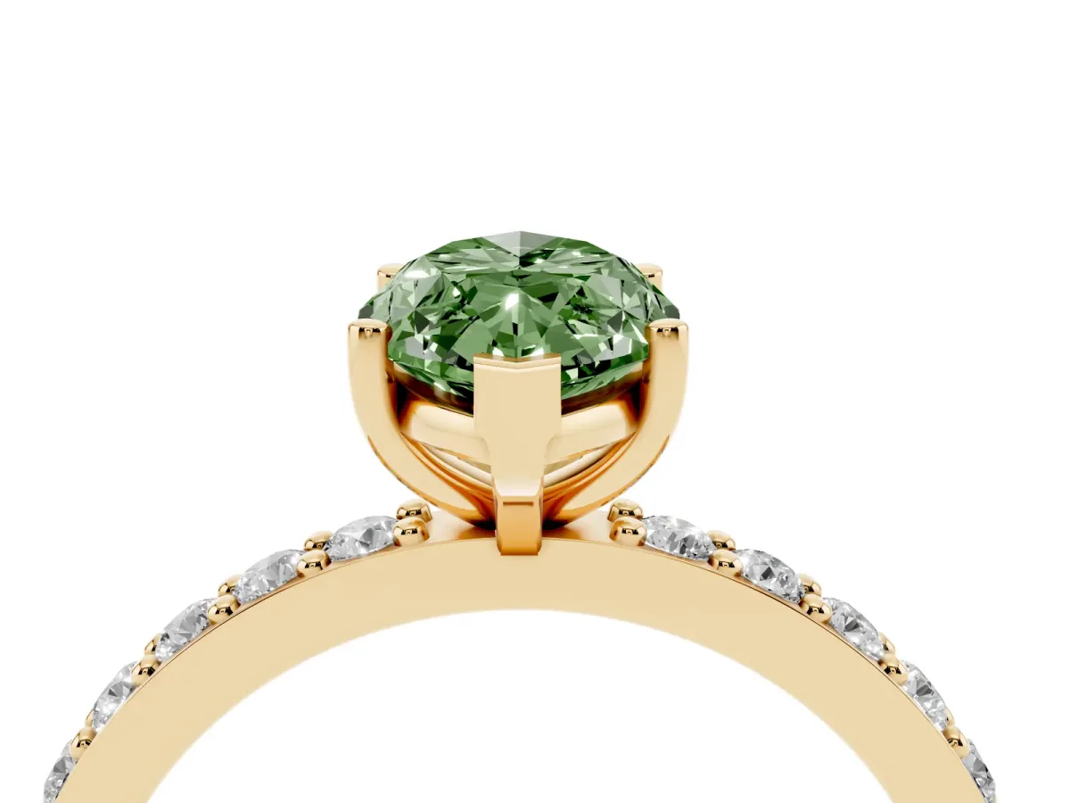 Fancy Green Marquise Cut Cut Diamond Solitaire with Pave Band and Four-Prong Setting Yellow gold