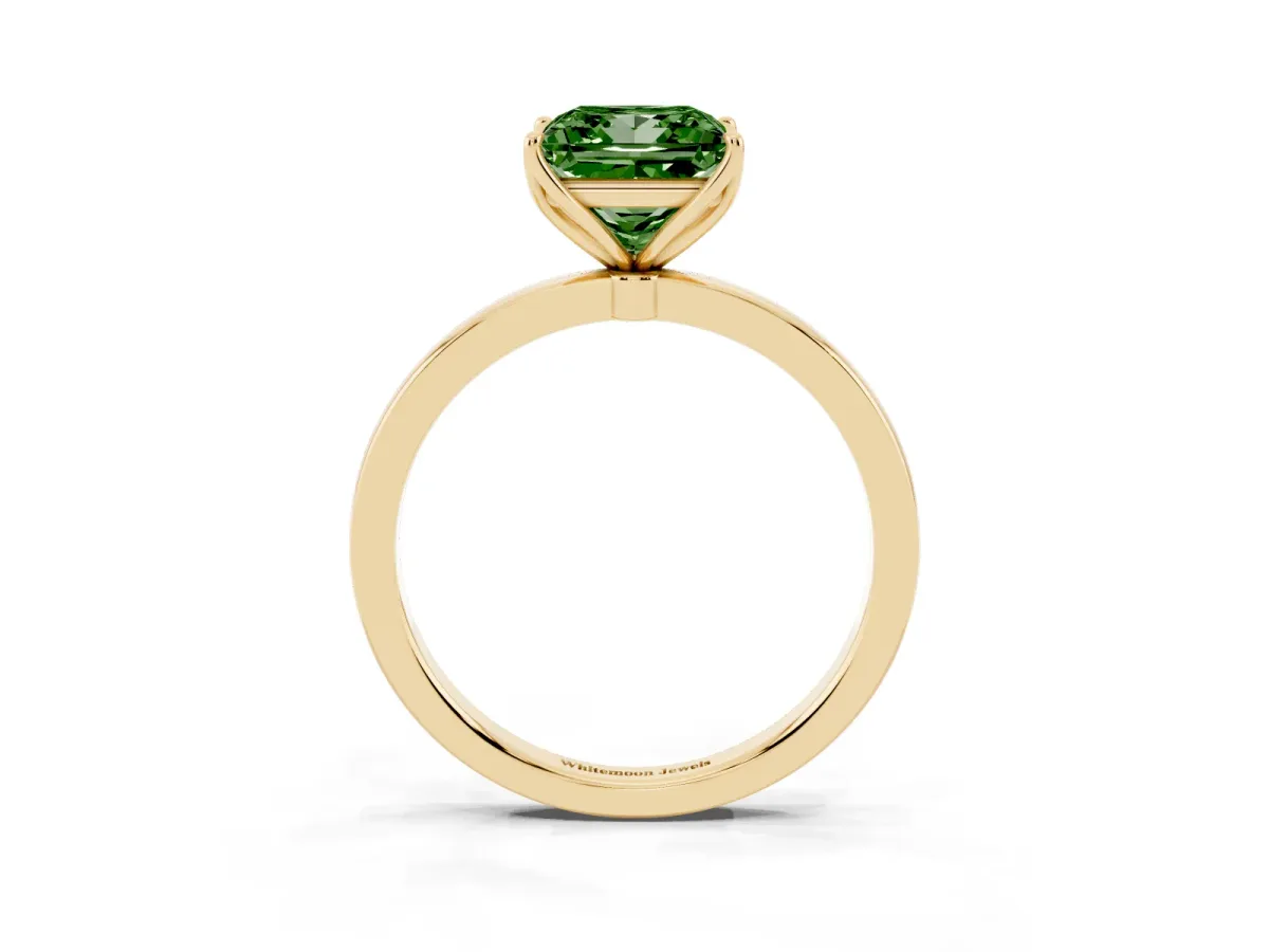 Fancy Green Princess Cut Diamond Solitaire Ring with Thin Band and Prong Setting Yellow gold